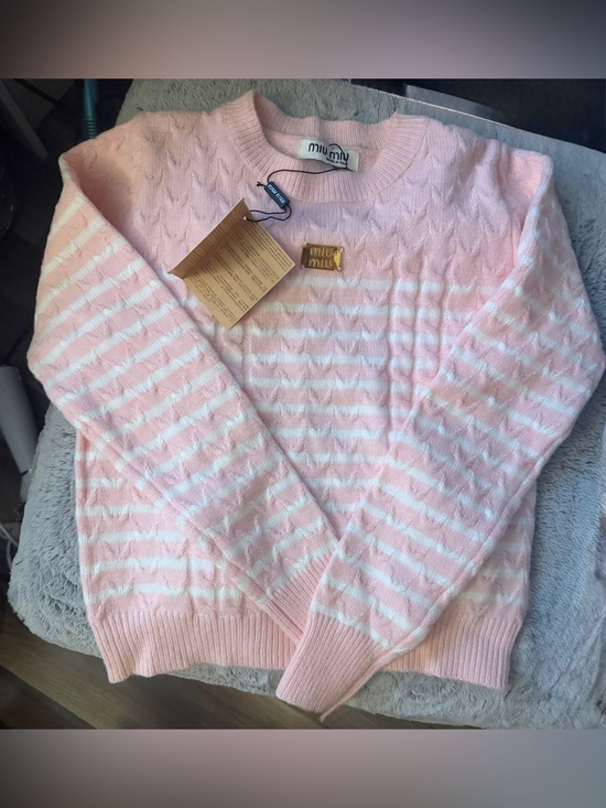 None Sweaters - Miu Miu Pink and White Striped Cable Knit Crewneck Sweater